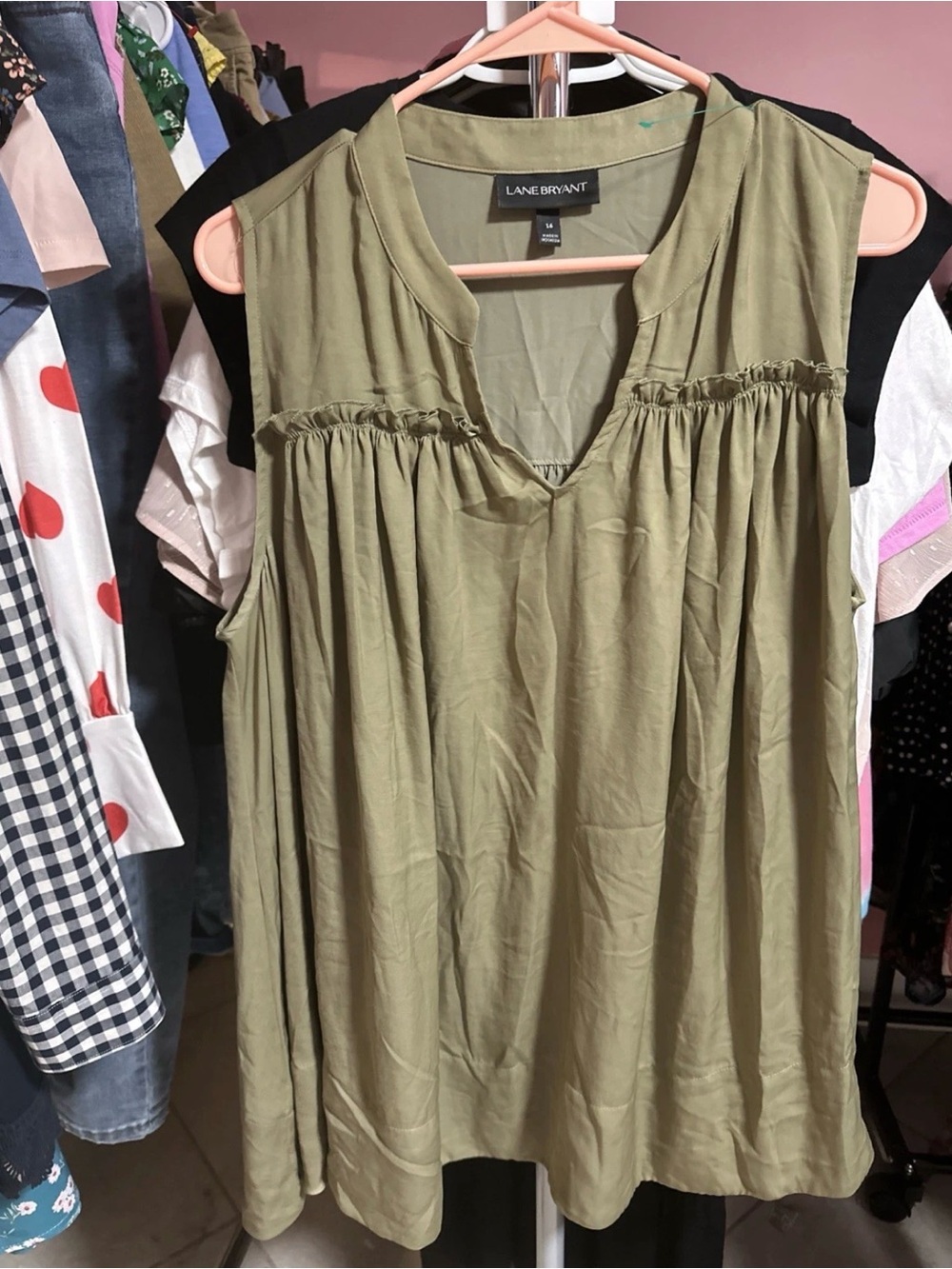 Lane Bryant Olive Gathered V-Neck Sleeveless Tank